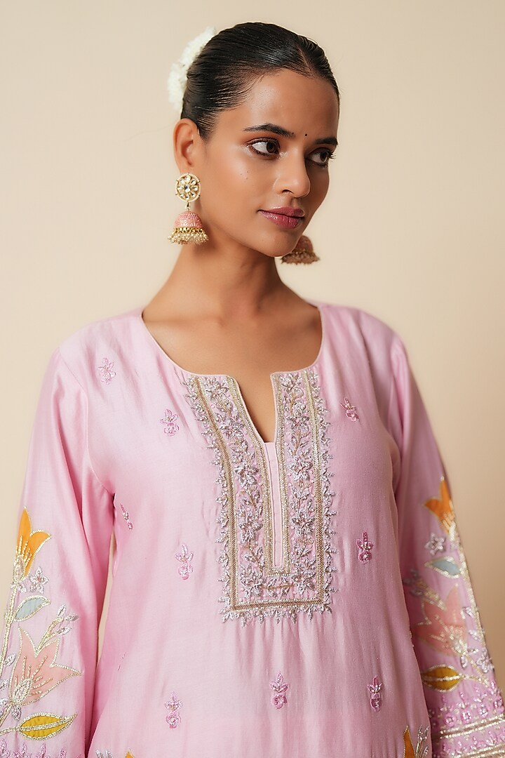 Soft Pink Pure Chanderi Silk Zardosi Embroidered Kurta Set by Zari Dorie at Pernia's Pop Up Shop