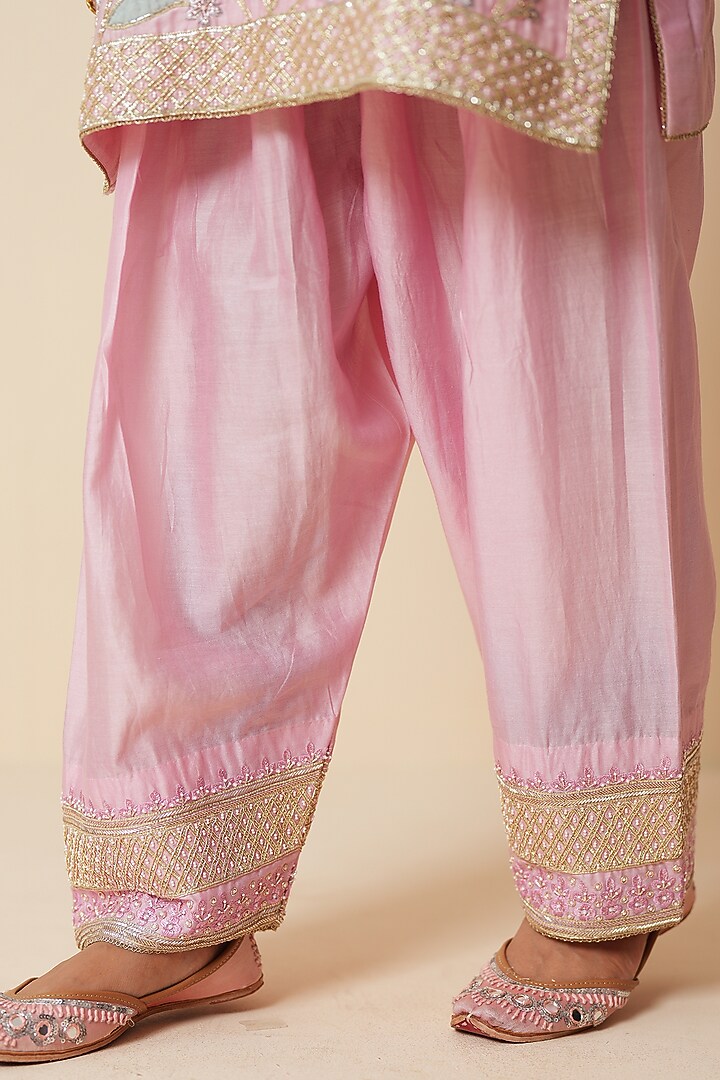 Soft Pink Pure Chanderi Silk Zardosi Embroidered Kurta Set by Zari Dorie at Pernia's Pop Up Shop