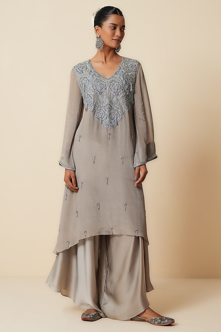 Grey Chiffon Sequins Hand & Machine Embroidered Kurta Set by Zari Dorie at Pernia's Pop Up Shop