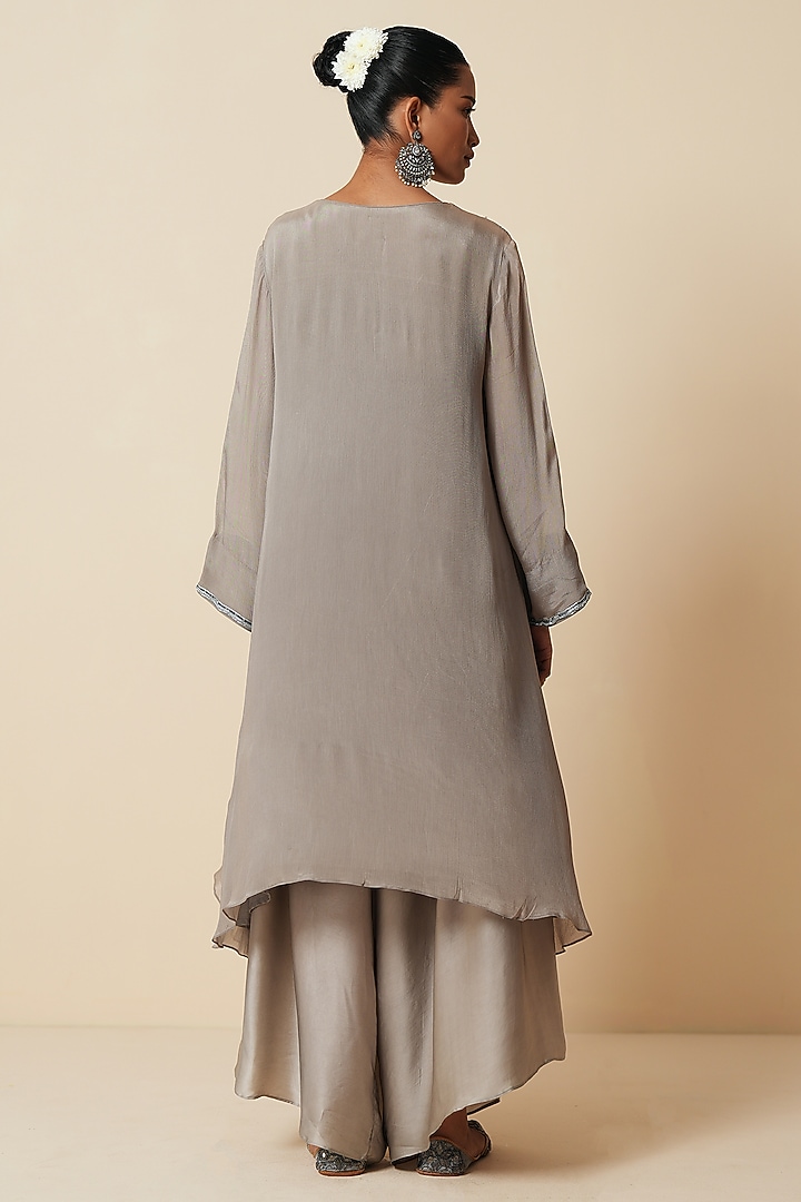Grey Chiffon Sequins Hand & Machine Embroidered Kurta Set by Zari Dorie at Pernia's Pop Up Shop