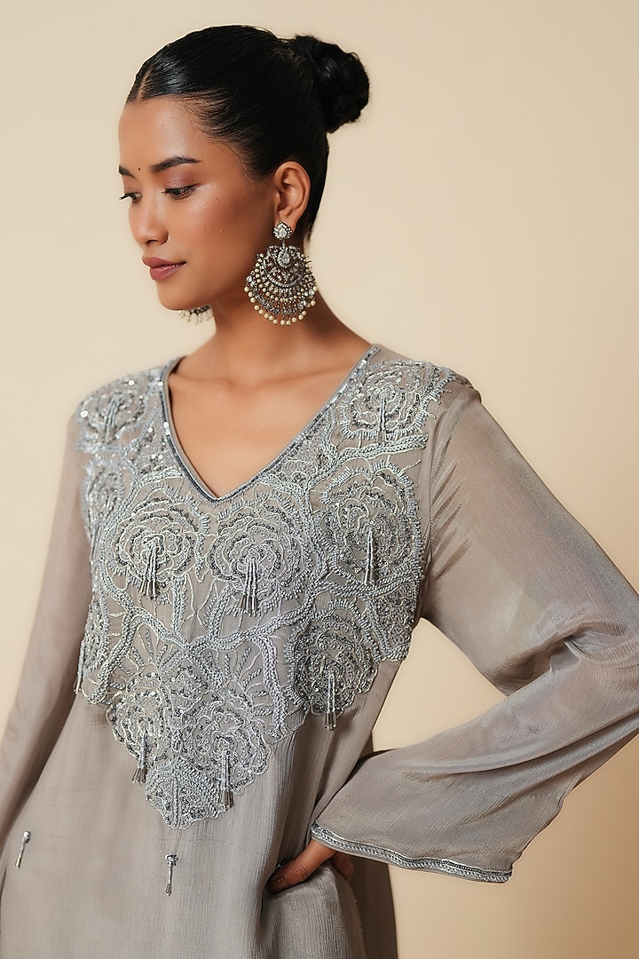 Grey Chiffon Sequins Hand & Machine Embroidered Kurta Set by Zari Dorie at Pernia's Pop Up Shop