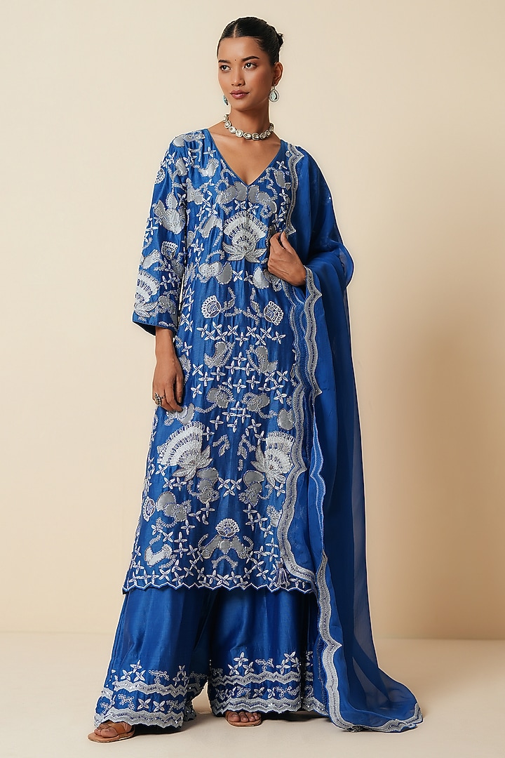 Electric Blue Pure Chanderi Silk Embroidered Wedding Sharara Set by Zari Dorie at Pernia's Pop Up Shop
