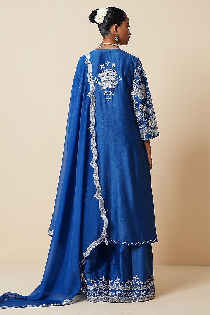 Electric Blue Pure Chanderi Silk Embroidered Wedding Sharara Set by Zari Dorie at Pernia's Pop Up Shop