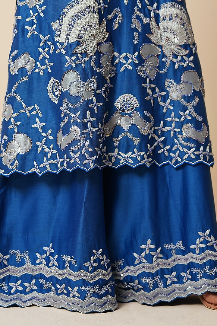 Electric Blue Pure Chanderi Silk Embroidered Wedding Sharara Set by Zari Dorie at Pernia's Pop Up Shop