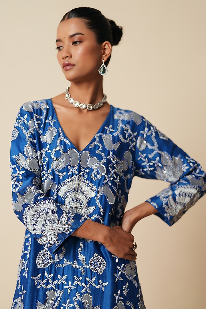 Electric Blue Pure Chanderi Silk Embroidered Wedding Sharara Set by Zari Dorie at Pernia's Pop Up Shop