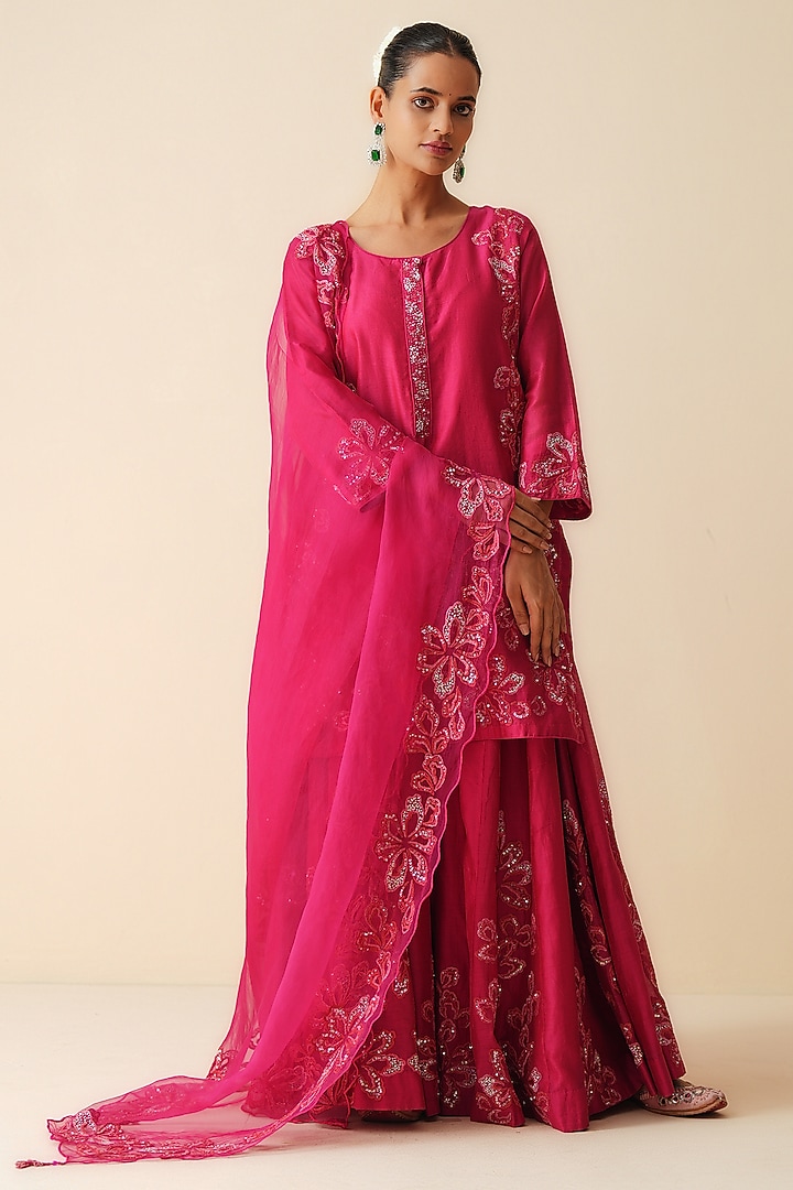 Vibrant Magenta Pure Chanderi Silk Embroidered Wedding Sharara Set by Zari Dorie at Pernia's Pop Up Shop