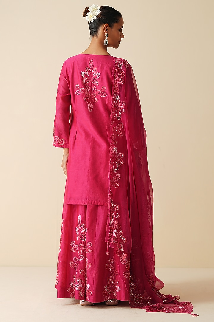 Vibrant Magenta Pure Chanderi Silk Embroidered Wedding Sharara Set by Zari Dorie at Pernia's Pop Up Shop
