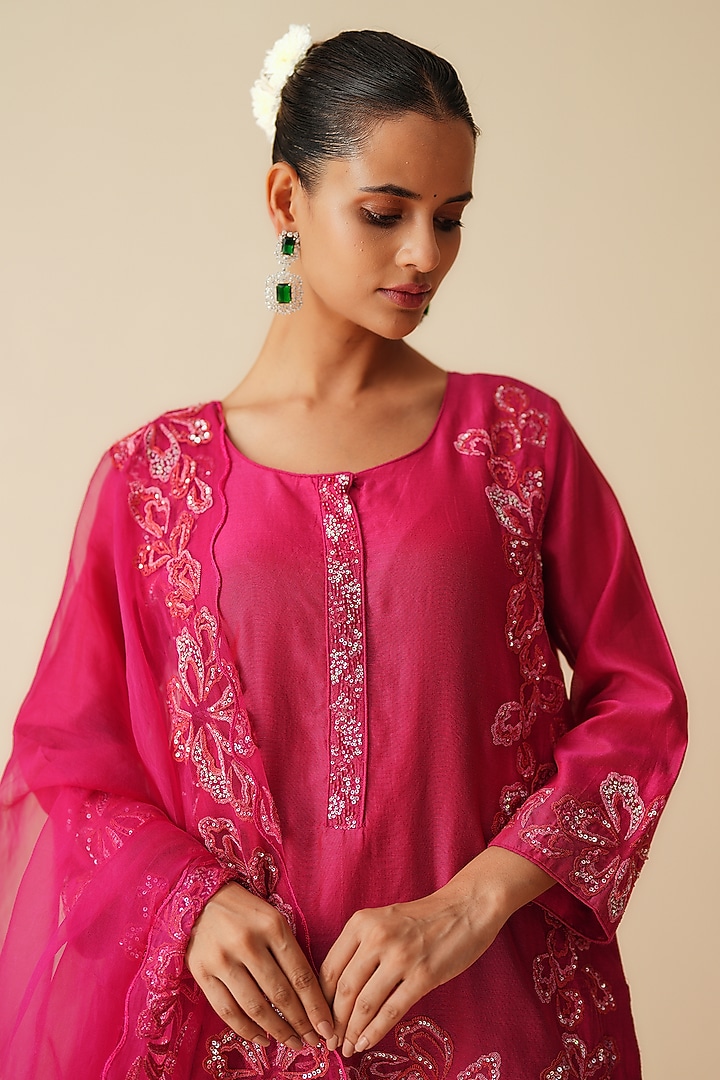 Vibrant Magenta Pure Chanderi Silk Embroidered Wedding Sharara Set by Zari Dorie at Pernia's Pop Up Shop