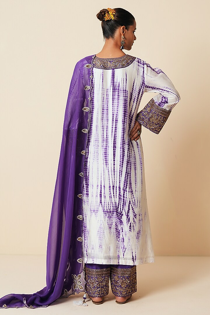 White & Brinjal Chanderi Silk Embellished Kurta Set by Zari Dorie at Pernia's Pop Up Shop