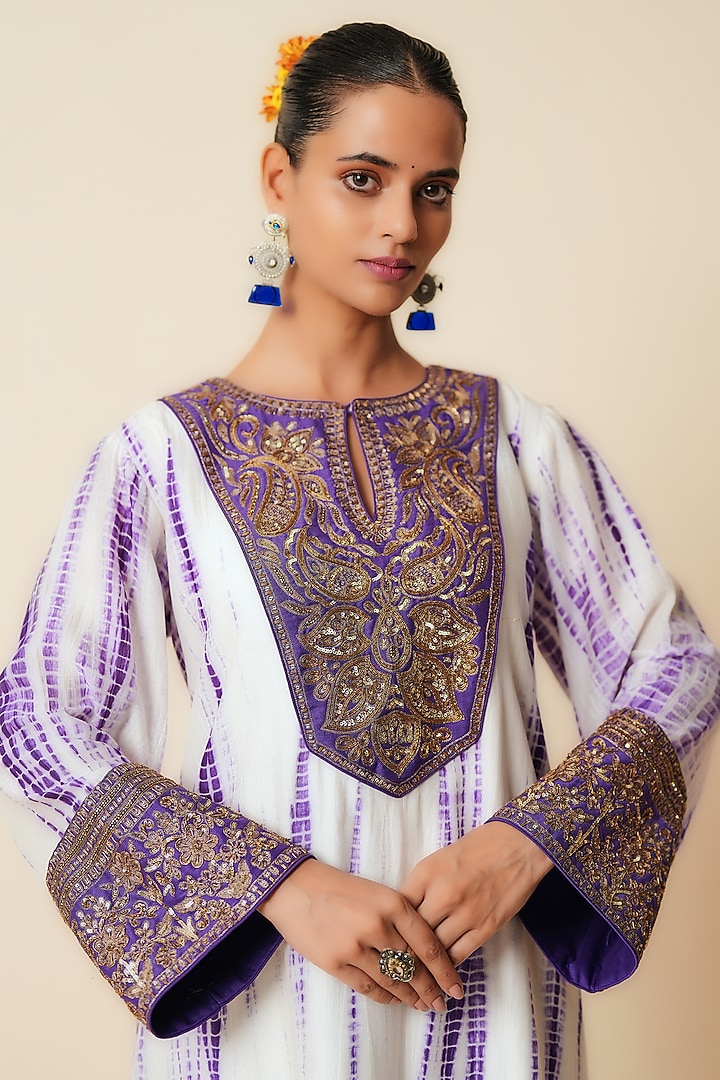 White & Brinjal Chanderi Silk Embellished Kurta Set by Zari Dorie at Pernia's Pop Up Shop