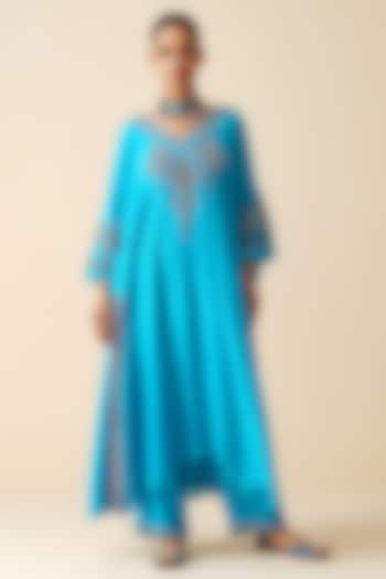 Firozi Muslin Embroidered Kaftan Set by Zari Dorie at Pernia's Pop Up Shop