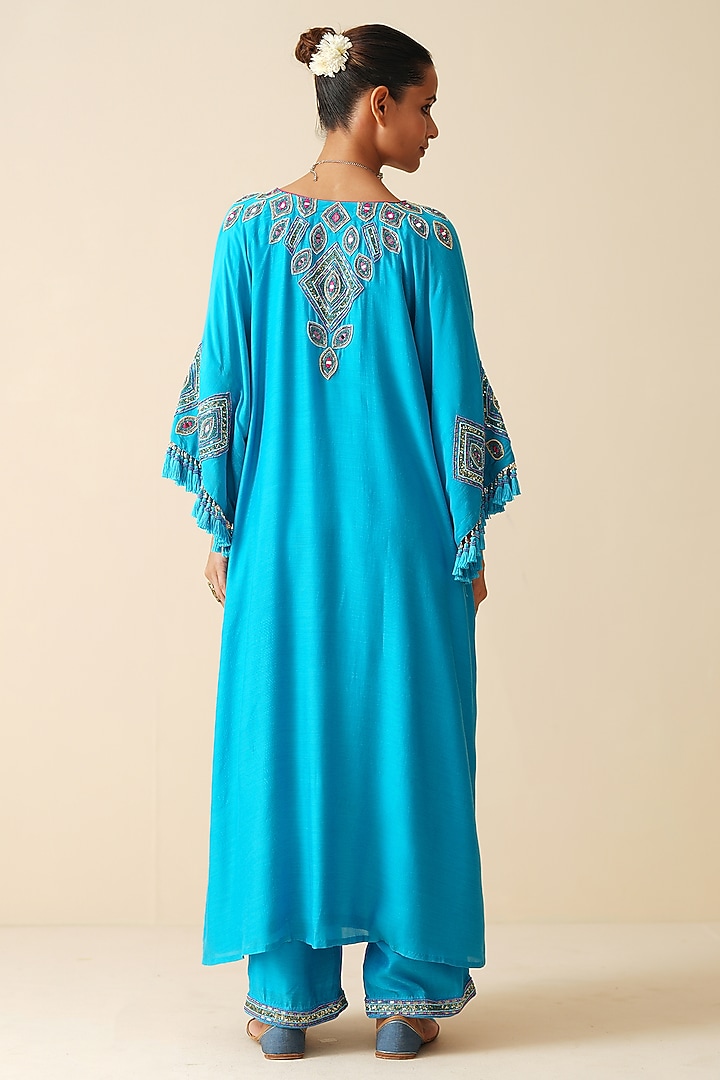 Firozi Muslin Embroidered Kaftan Set by Zari Dorie at Pernia's Pop Up Shop