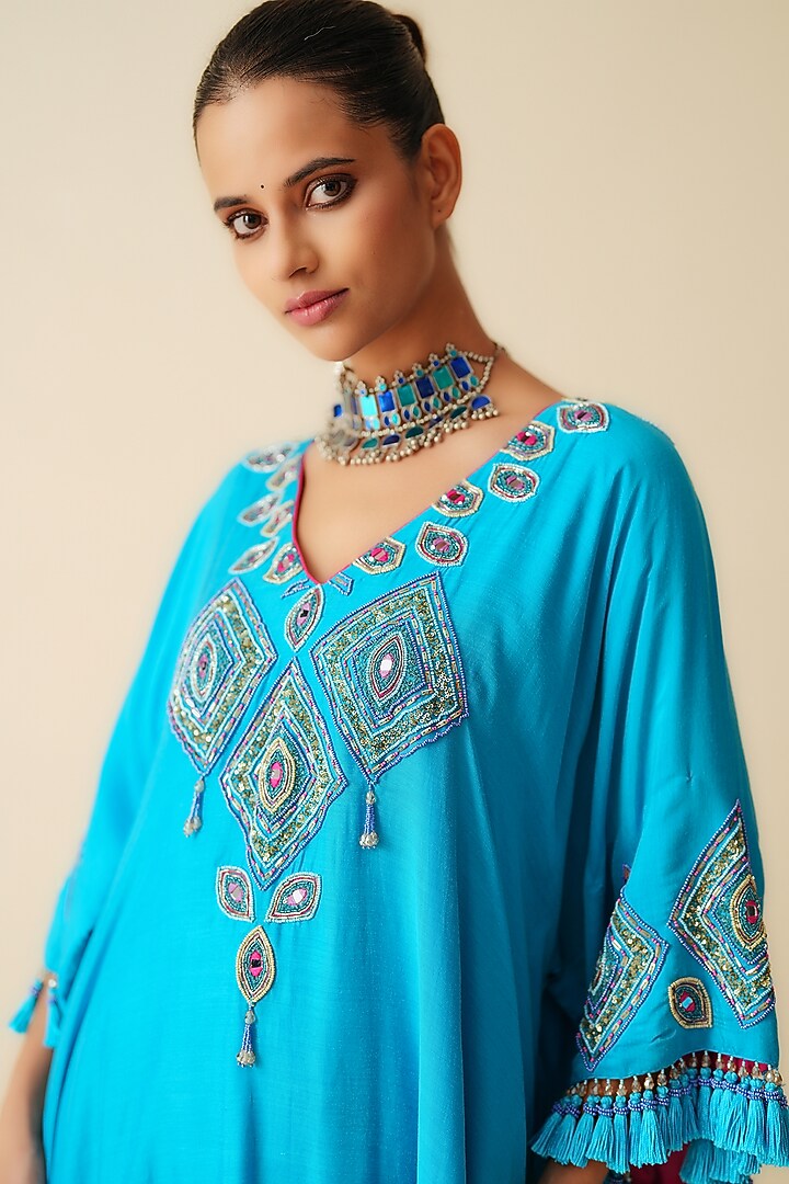 Firozi Muslin Embroidered Kaftan Set by Zari Dorie at Pernia's Pop Up Shop