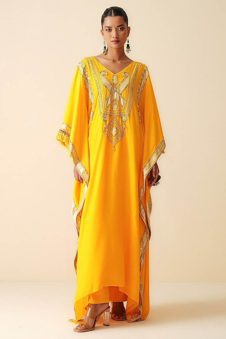Orange Muslin Embroidered Kaftan Set by Zari Dorie at Pernia's Pop Up Shop