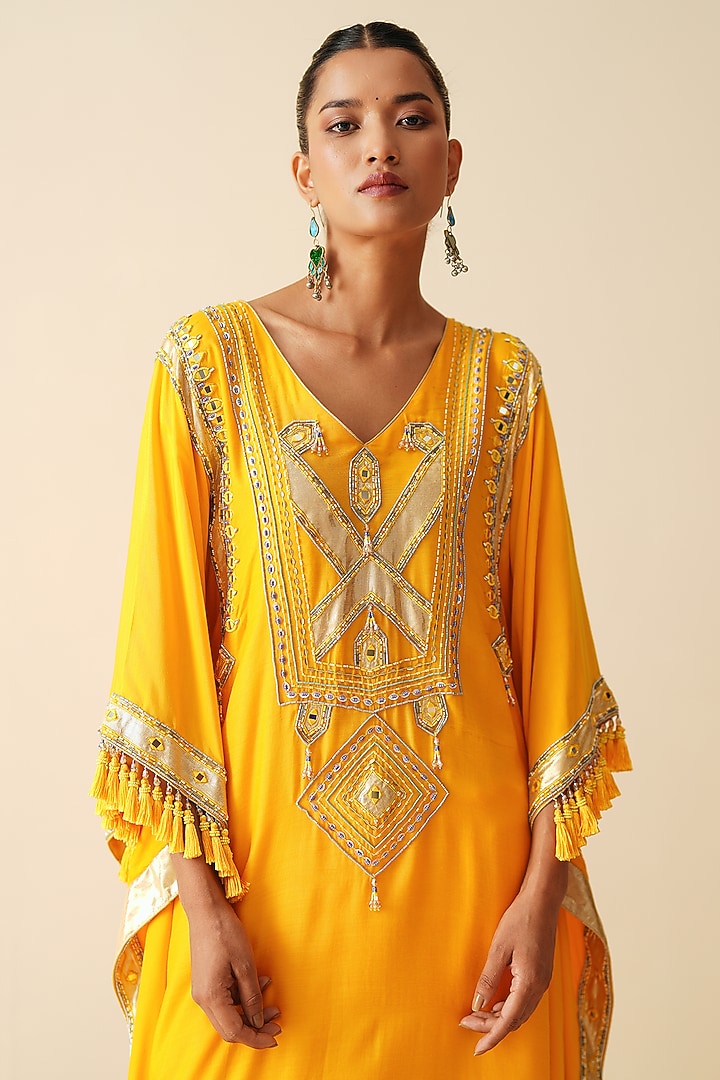 Orange Muslin Embroidered Kaftan Set by Zari Dorie at Pernia's Pop Up Shop