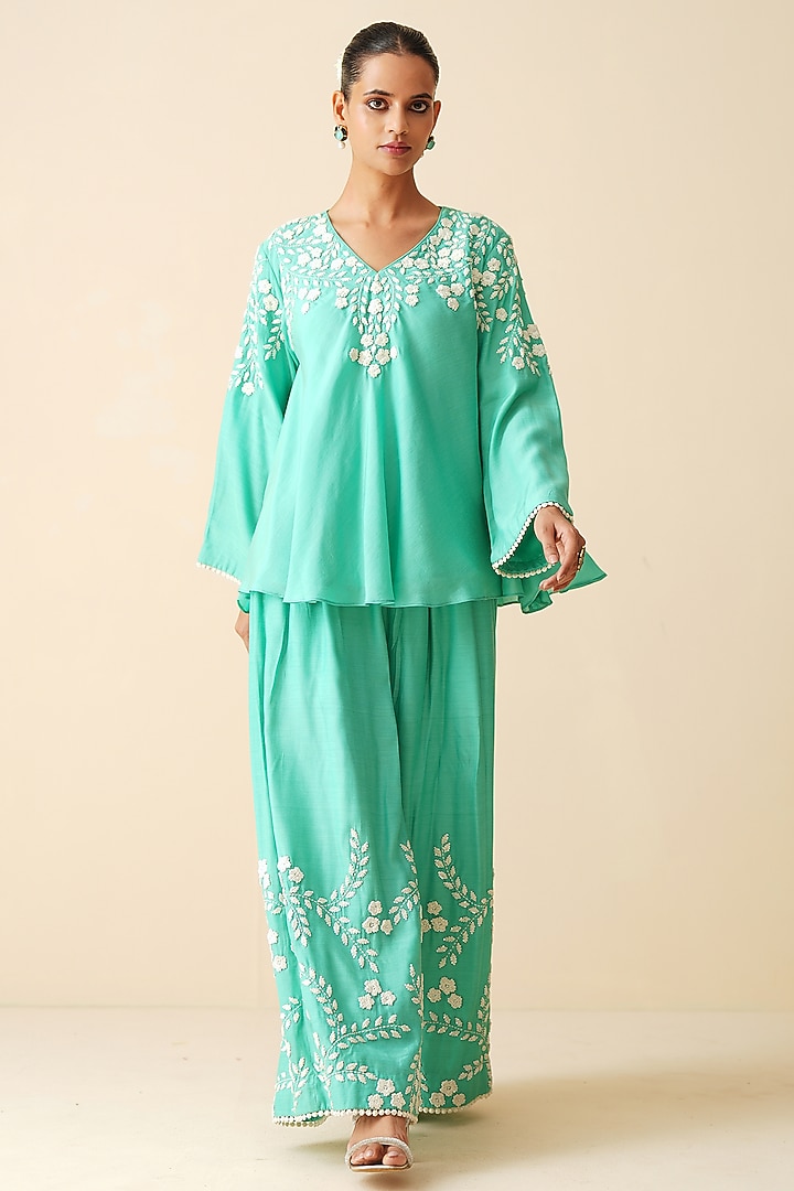 Sea Green Muslin Embroidered Co-Ord Set by Zari Dorie at Pernia's Pop Up Shop