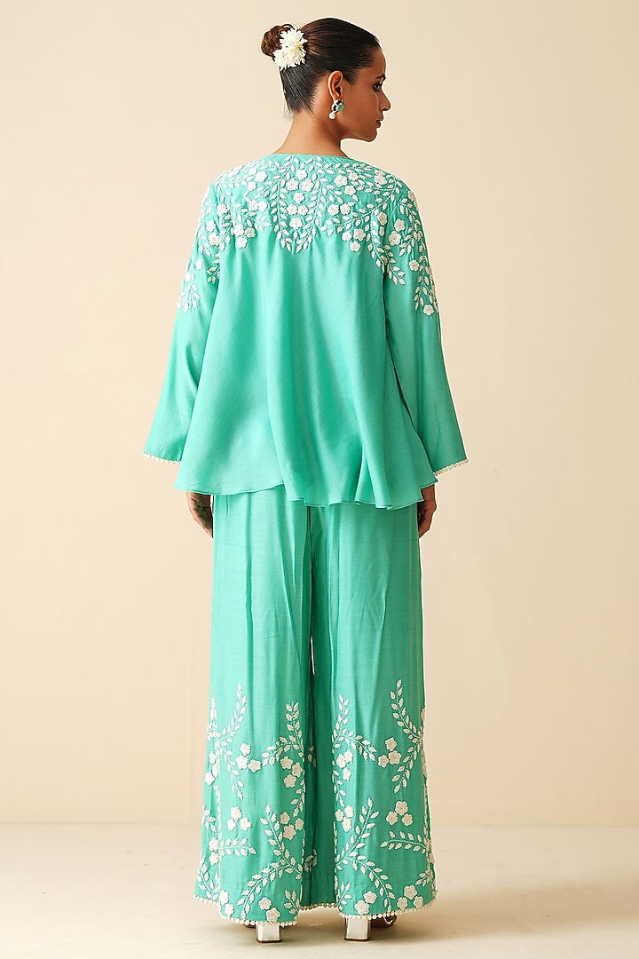 Sea Green Muslin Embroidered Co-Ord Set by Zari Dorie at Pernia's Pop Up Shop