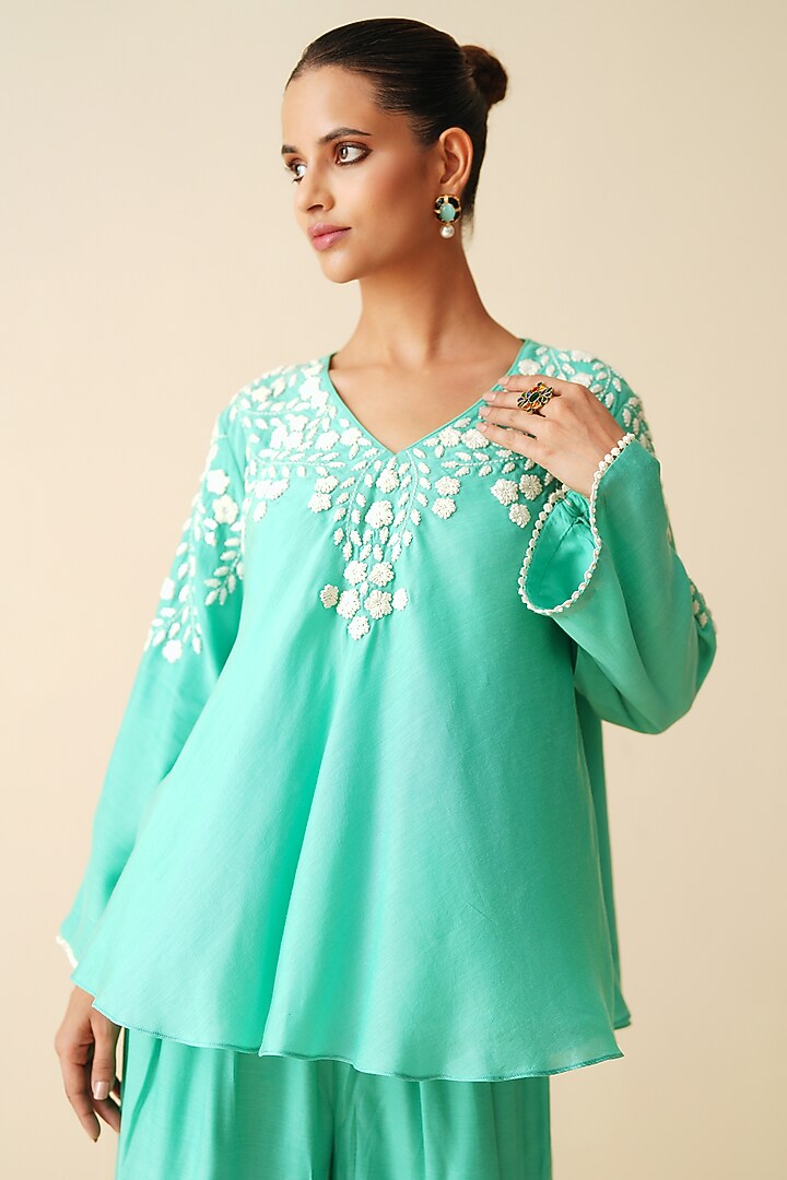 Sea Green Muslin Embroidered Co-Ord Set by Zari Dorie at Pernia's Pop Up Shop