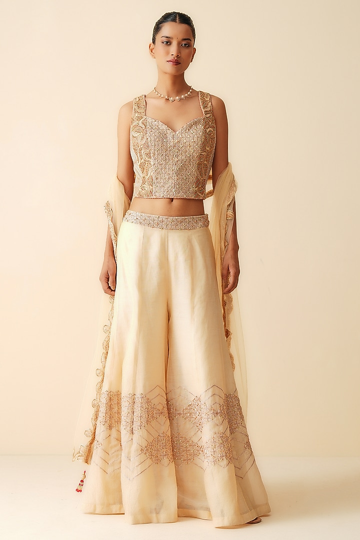 Gold Tissue Chanderi Embroidered Wedding Sharara Set by Zari Dorie at Pernia's Pop Up Shop