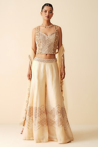 Gold Tissue Chanderi Embroidered Sharara Set by Zari Dorie
