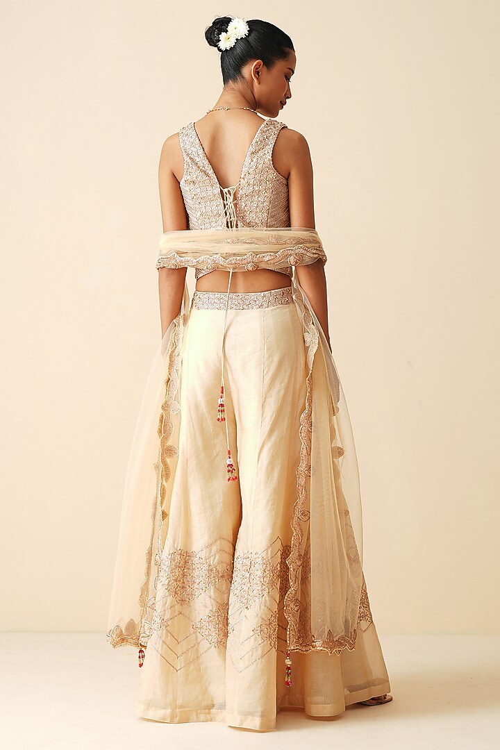 Gold Tissue Chanderi Embroidered Wedding Sharara Set by Zari Dorie at Pernia's Pop Up Shop