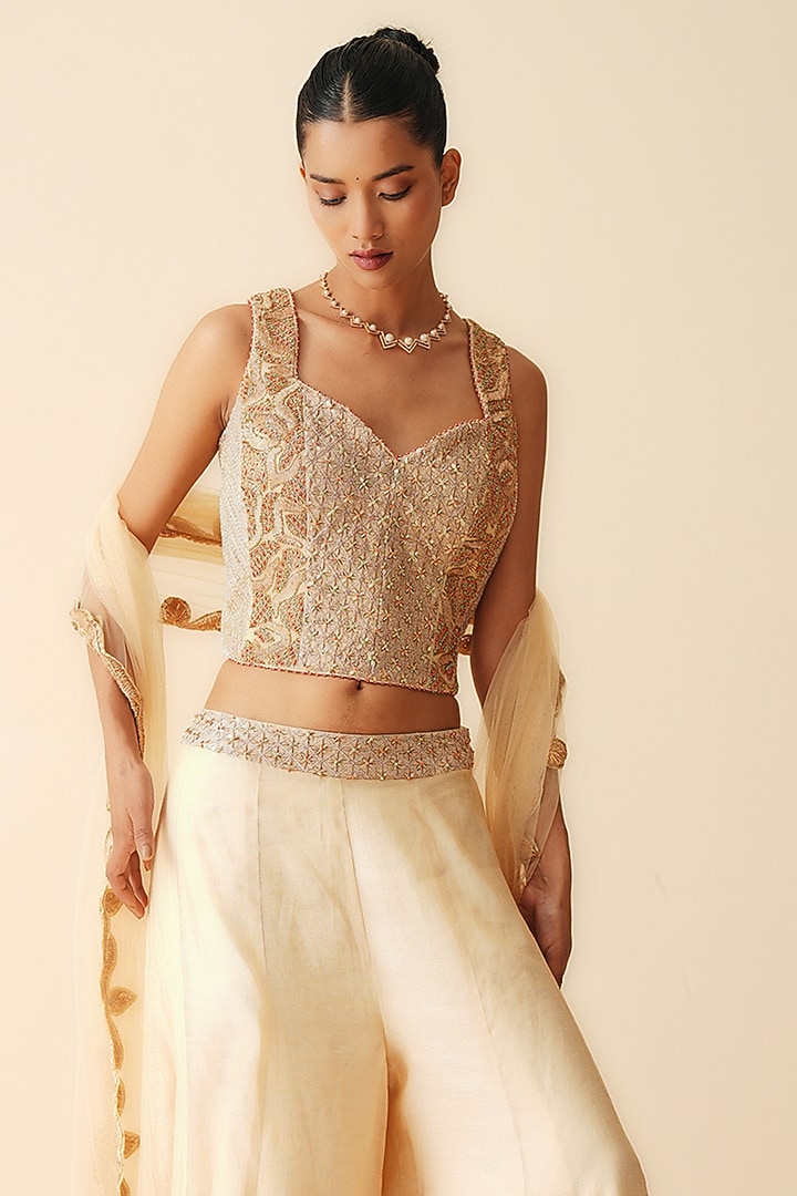 Gold Tissue Chanderi Embroidered Wedding Sharara Set by Zari Dorie at Pernia's Pop Up Shop