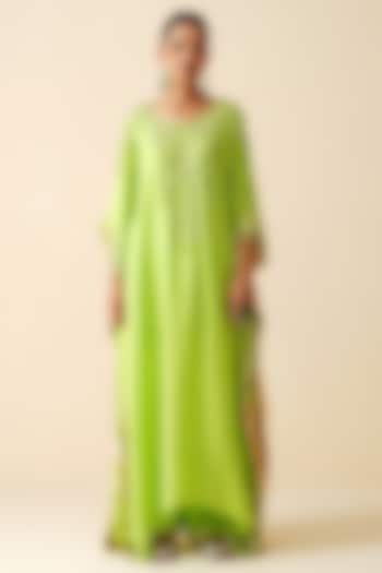Parrot Green Muslin Embroidered Kaftan Set by Zari Dorie at Pernia's Pop Up Shop