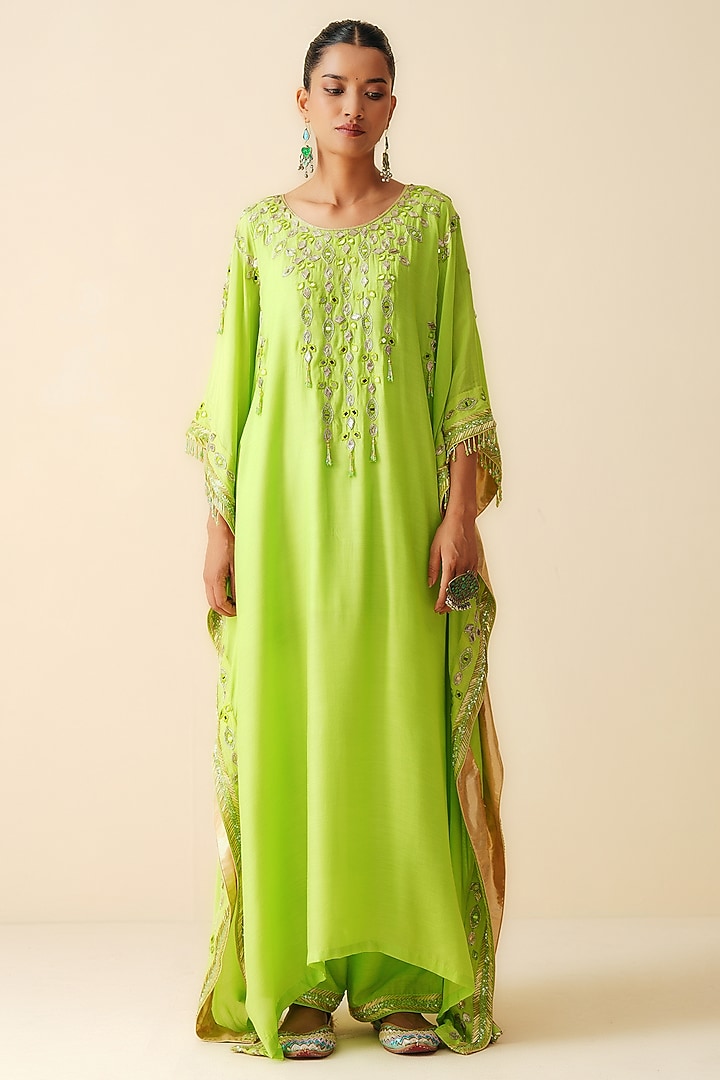 Parrot Green Muslin Embroidered Kaftan Set by Zari Dorie at Pernia's Pop Up Shop