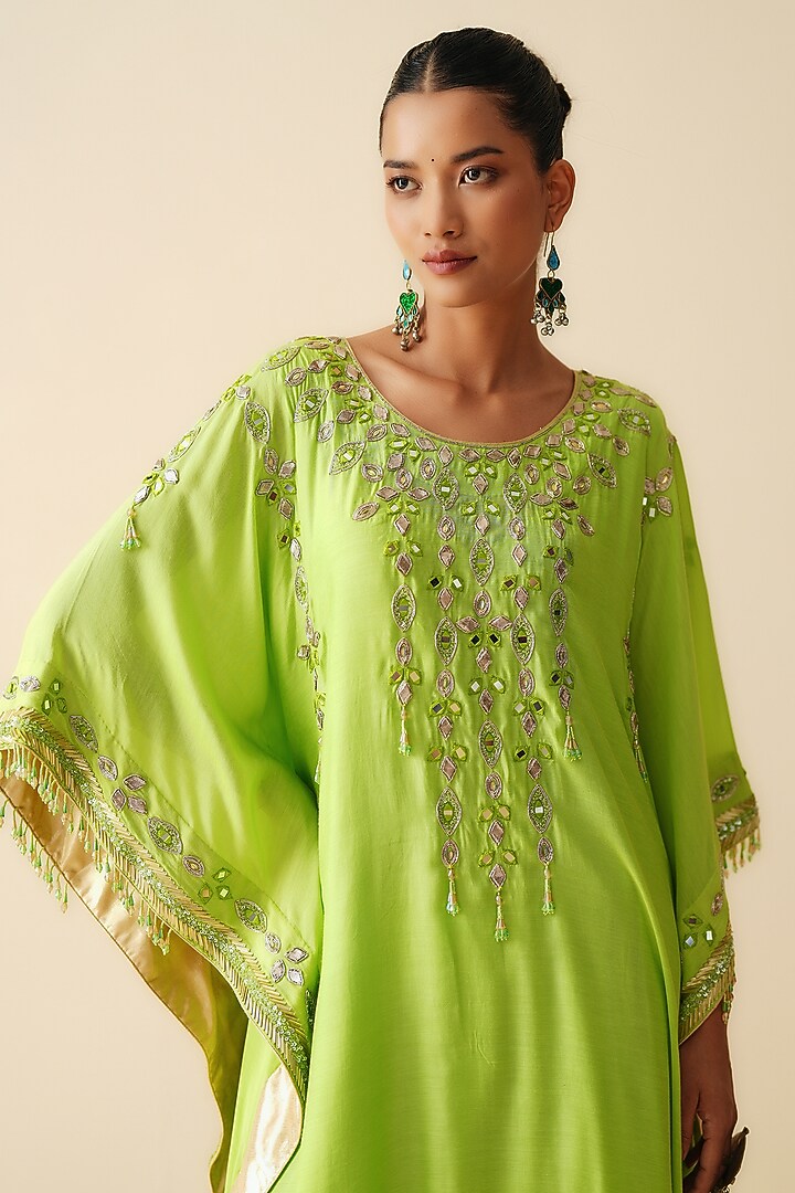 Parrot Green Muslin Embroidered Kaftan Set by Zari Dorie at Pernia's Pop Up Shop