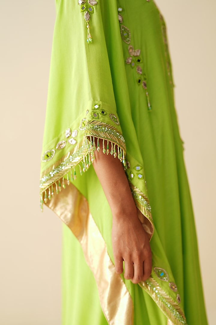 Parrot Green Muslin Embroidered Kaftan Set by Zari Dorie at Pernia's Pop Up Shop