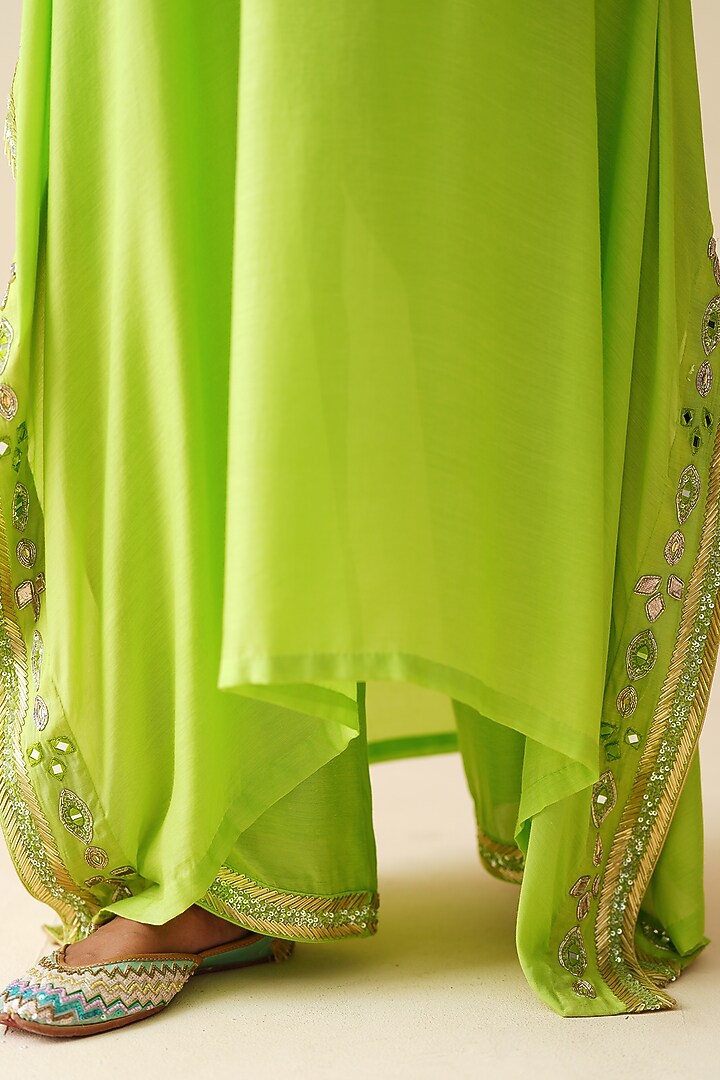 Parrot Green Muslin Embroidered Kaftan Set by Zari Dorie at Pernia's Pop Up Shop