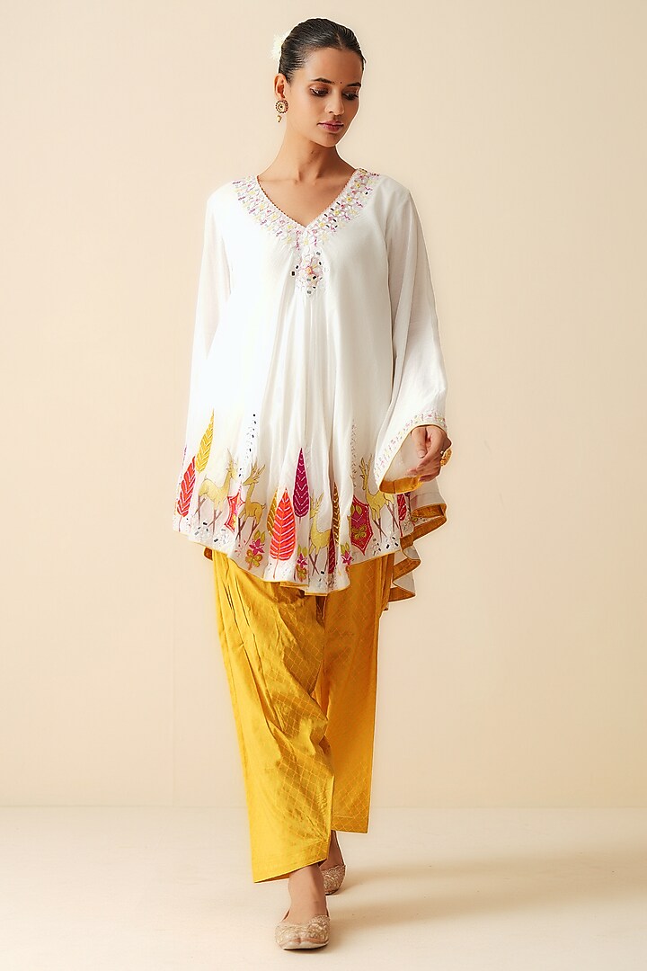 White & Yellow Muslin Embroidered Co-Ord Set by Zari Dorie at Pernia's Pop Up Shop
