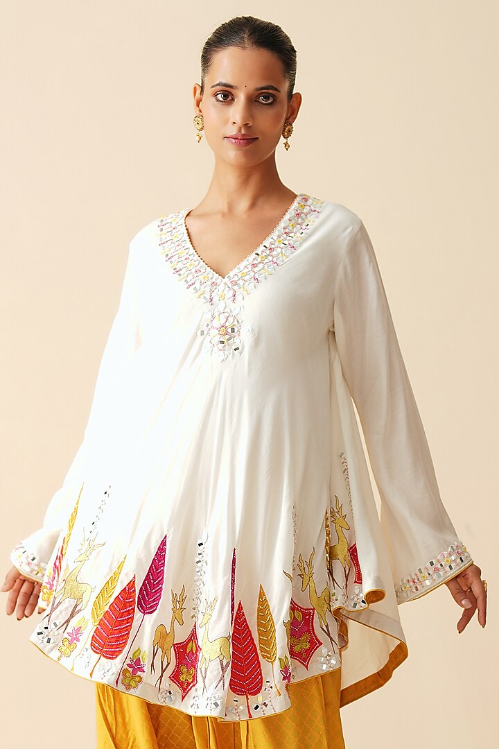 White & Yellow Muslin Embroidered Co-Ord Set by Zari Dorie at Pernia's Pop Up Shop