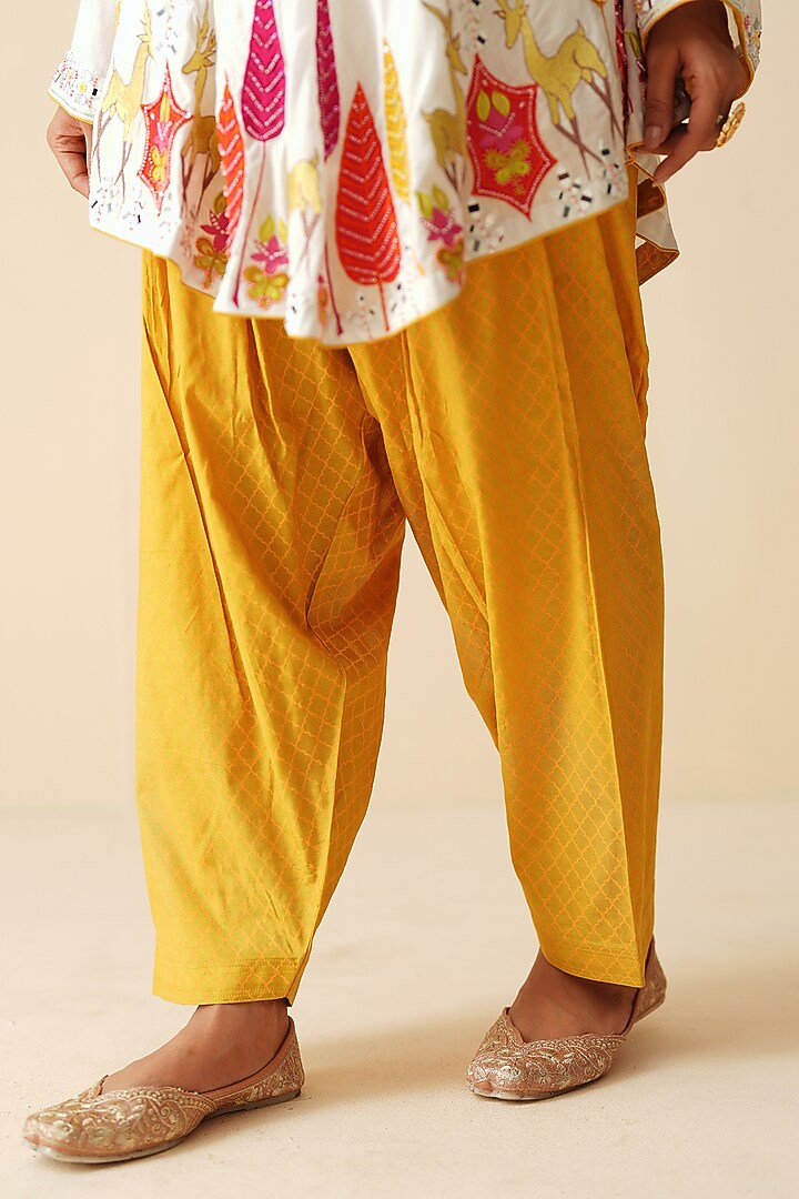 White & Yellow Muslin Embroidered Co-Ord Set by Zari Dorie at Pernia's Pop Up Shop