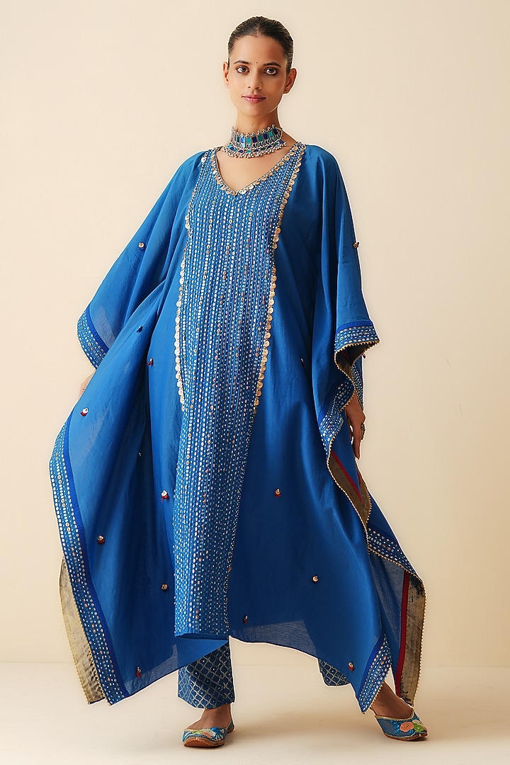 Royal Blue Cotton Silk Embroidered Kaftan Set by Zari Dorie at Pernia's Pop Up Shop