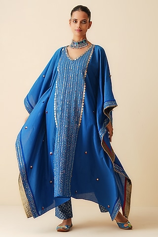 Royal Blue Cotton Silk Embroidered Kaftan Set by Zari Dorie