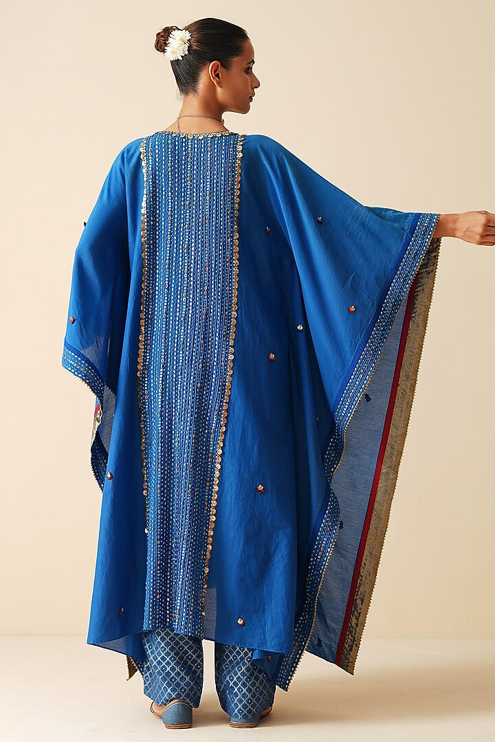 Royal Blue Cotton Silk Embroidered Kaftan Set by Zari Dorie at Pernia's Pop Up Shop