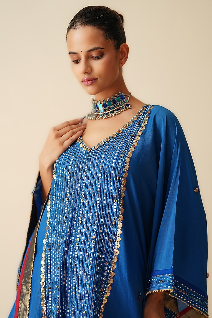 Royal Blue Cotton Silk Embroidered Kaftan Set by Zari Dorie at Pernia's Pop Up Shop