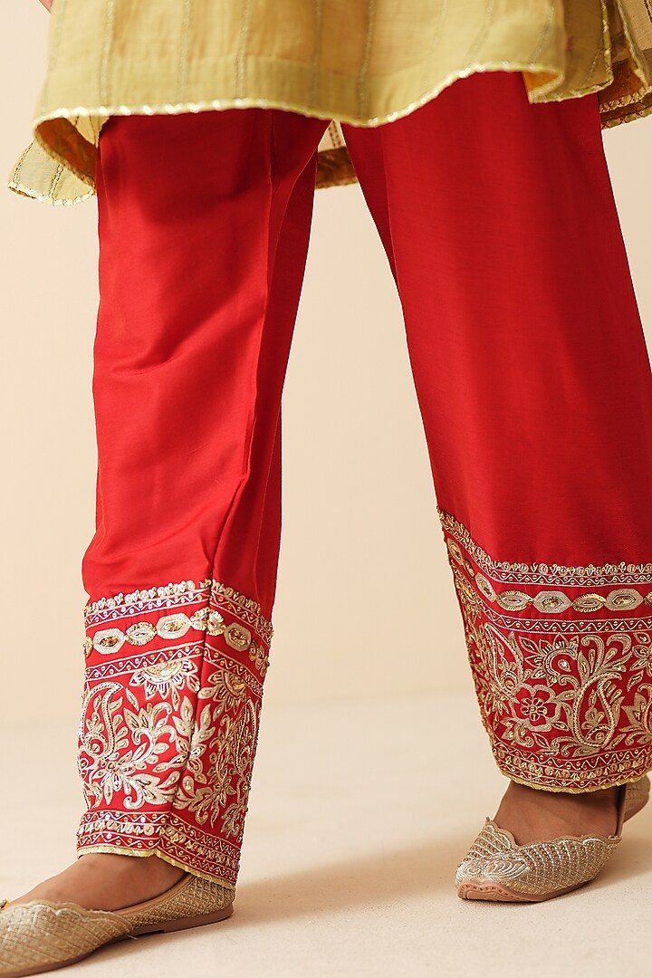 Light Mehndi Green & Red Mul Chanderi Embroidered Kurta Set by Zari Dorie at Pernia's Pop Up Shop