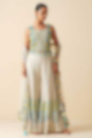 Silver Tissue Chanderi Embroidered Wedding Sharara Set by Zari Dorie at Pernia's Pop Up Shop