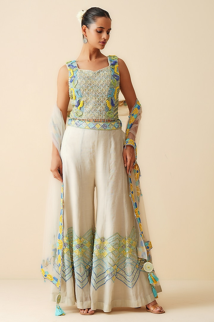 Silver Tissue Chanderi Embroidered Wedding Sharara Set by Zari Dorie at Pernia's Pop Up Shop