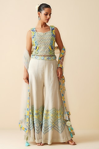 Silver Tissue Chanderi Embroidered Sharara Set by Zari Dorie