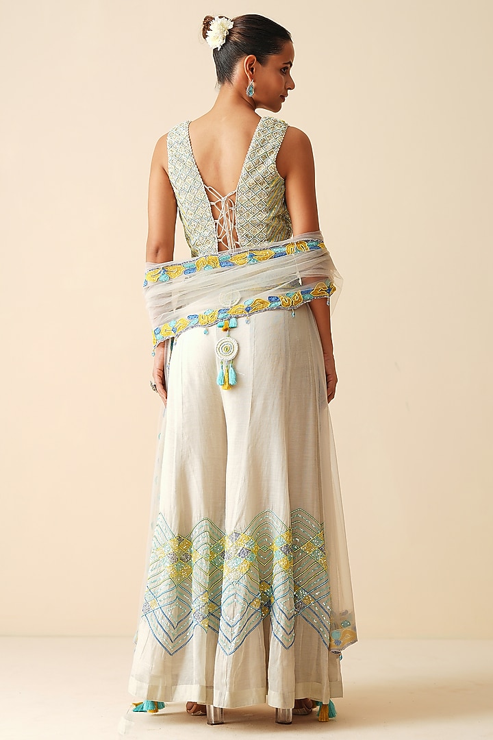 Silver Tissue Chanderi Embroidered Bridal Sharara Set by Zari Dorie at Pernia's Pop Up Shop