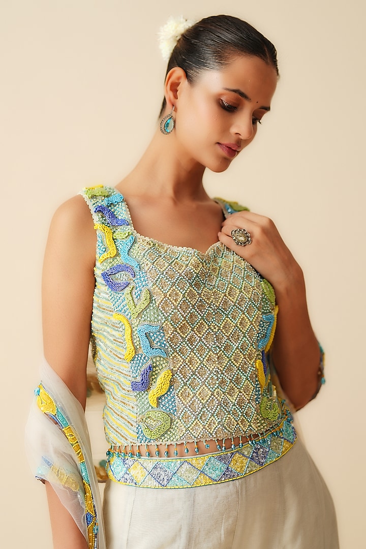 Silver Tissue Chanderi Embroidered Bridal Sharara Set by Zari Dorie at Pernia's Pop Up Shop