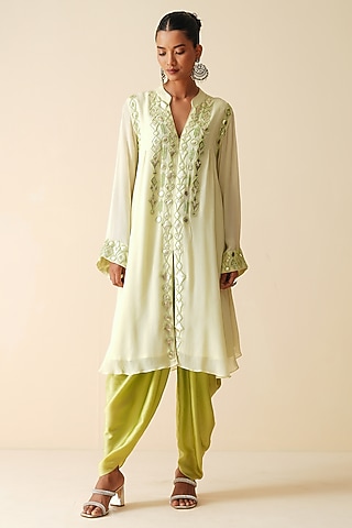Lime Green Chiffon Embroidered Kurta Set by Zari Dorie