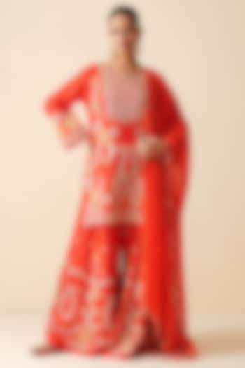 Red Pure Chanderi Silk Sequins Embellished Bridal Sharara Set by Zari Dorie at Pernia's Pop Up Shop