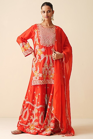 Red Pure Chanderi Silk Sequins Embellished Sharara Set by Zari Dorie