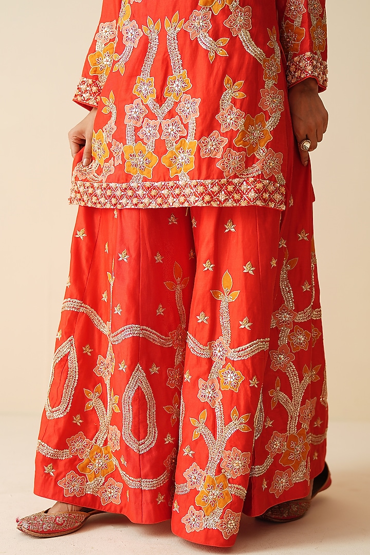 Red Pure Chanderi Silk Sequins Embellished Bridal Sharara Set by Zari Dorie at Pernia's Pop Up Shop