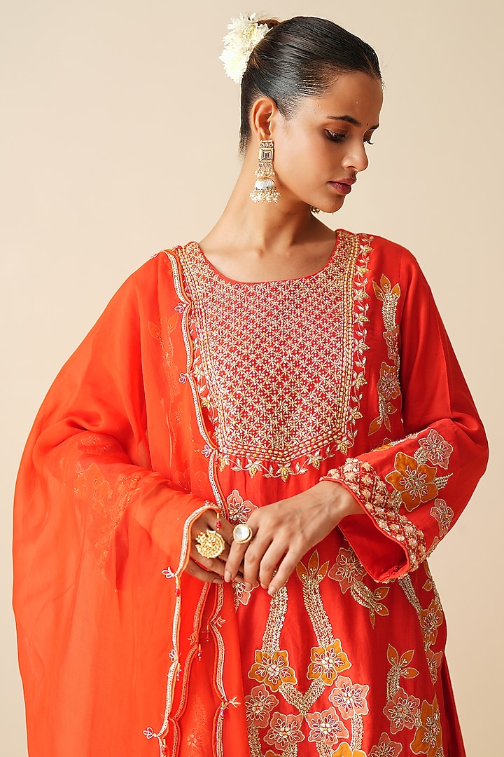 Red Pure Chanderi Silk Sequins Embellished Bridal Sharara Set by Zari Dorie at Pernia's Pop Up Shop