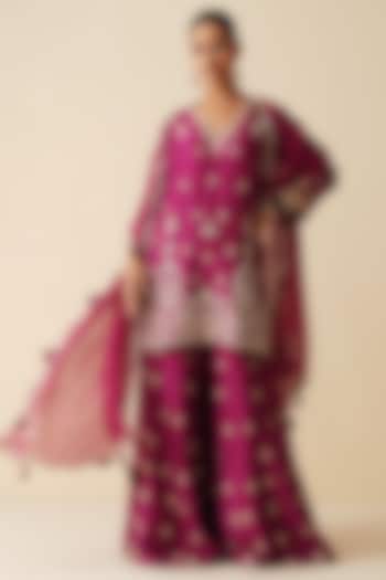 Wine Pure Chanderi Silk Sequins Embellished Wedding Sharara Set by Zari Dorie at Pernia's Pop Up Shop